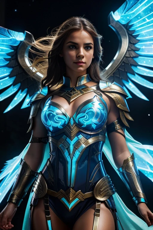 Waist up (perspective angle from bottom to top) fantasy valkyrie girl in tight glowing body & ornad armor with hero galaxy glowing cape, sharp focus, UHD, (masterpiece), best quality, expressive eyes, perfect face, cinematic illumination, midnight aura, 4k