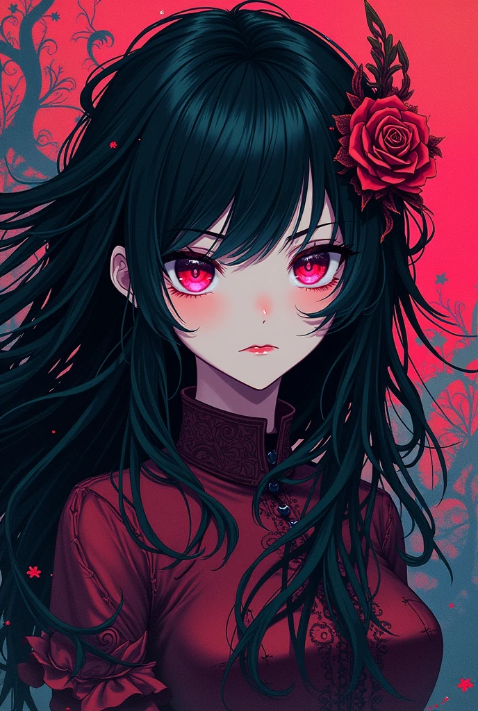 (abstract art:1.2), fractal art, psychedelic art, (style of Yuko Shimizu:1.1), red theme, dark theme, 1girl, roses, hair ornament, somber expression, dark blue accent, masterpiece, best quality, ultra high res, award-winning art, highly detailed, beautiful, aesthetic, ((Nezuko Komado)), black hair, red highlights, ((pink eyes)),
