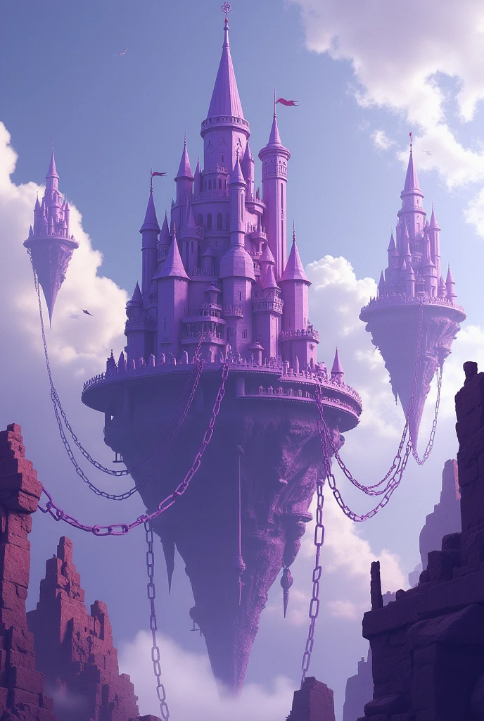 Multiple purple fortresses suspended in the air are connected by chains