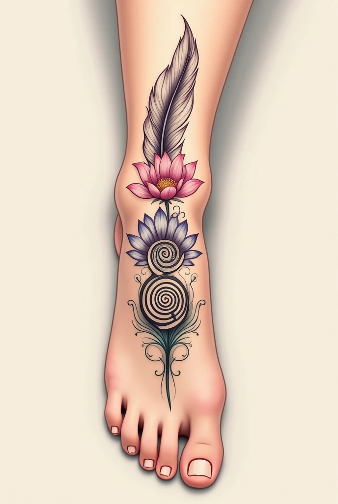 drawing (touch) of a feather, an unalome and a lotus flower. All united vertically. 
The feather at the bottom. The flower on top. The spiral in the middle Tattoo on a foot 