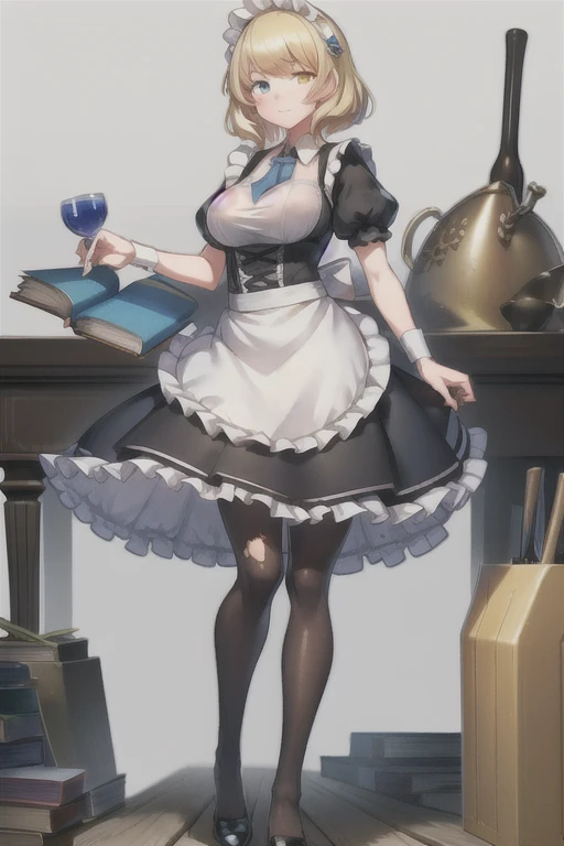 HMS_Renown \(warship girls r\),((masterpiece)),(((best quality))),((ultra-detailed)),((illustration)),((disheveled hair)),((frills)),
1girl, apron, bangs, black footwear, black legwear, blonde hair, blue dress, book, book stack, breasts, broom, closed mouth, dress, frilled dress, frills, full body, gradient, high heels, holding, long hair, looking at viewer, maid, maid apron, maid headdress, mary janes, medium breasts, mop, pantyhose, puffy short sleeves, puffy sleeves, shoes, short hair, short sleeves, solo, standing, waist apron, wrist cuffs,
Redraw your eyes,(blue left eye:1.2),Heterochromia,(yellow right eye:1.2),Anyone can have heterochromia,