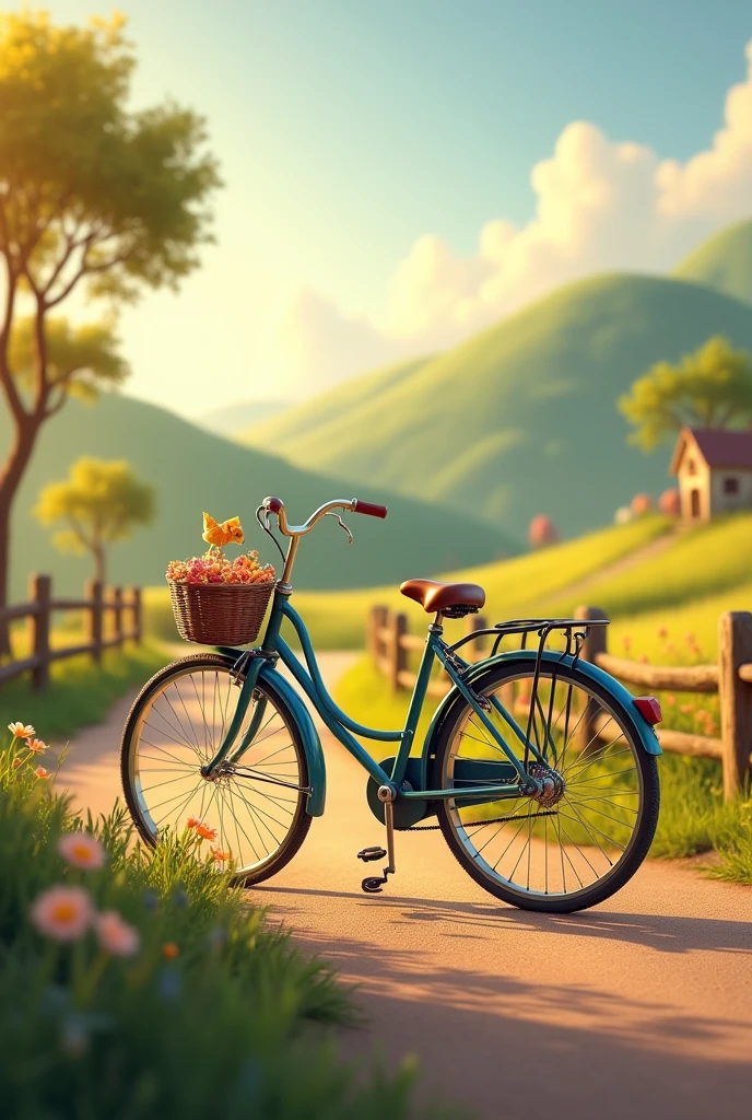 A bicycle parked on the roadside，Disney style，early morning
