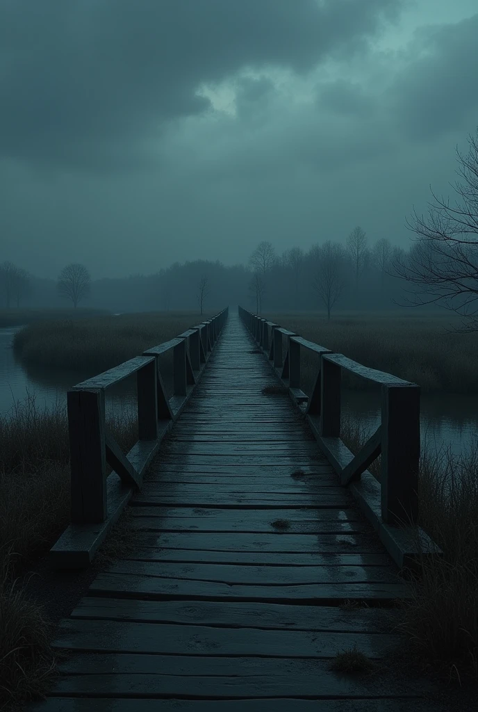 Dark realistic night photos of Ukrainian nature on the plain in gothic style, fewer trees, more bushes and grass, river, across which a simple wooden bridge passes 
