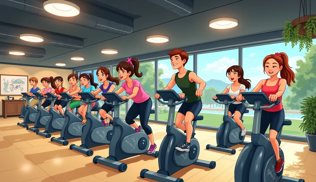 Cartoon Style,Official illustrations,Pictures inspired by Naohisa Inoue,there are many people on exercise bikes in a 健身房,background a gym, hedonic treadmill, healthy, Plenty of light, Natural soft lighting,