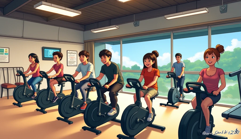 Cartoon Style,Official illustrations,Pictures inspired by Naohisa Inoue,there are many people on exercise bikes in a 健身房,background a gym, hedonic treadmill, healthy, Plenty of light, Natural soft lighting,