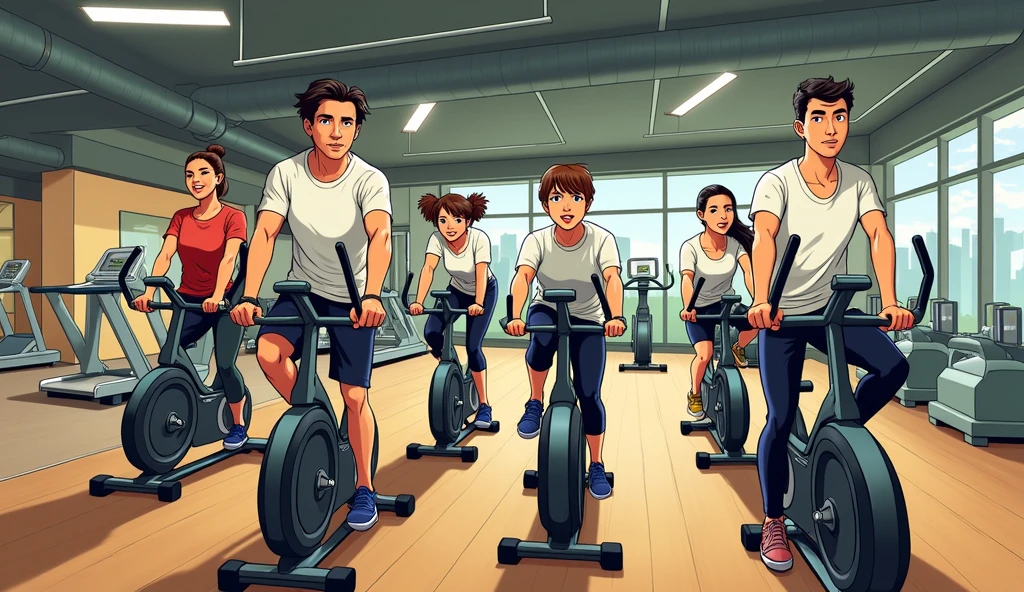 Cartoon Style，Official illustrations，Pictures inspired by Naohisa Inoue，there are many people on exercise bikes in a 健身房，background a gym, hedonic treadmill, healthy, Plenty of light, Natural soft lighting,