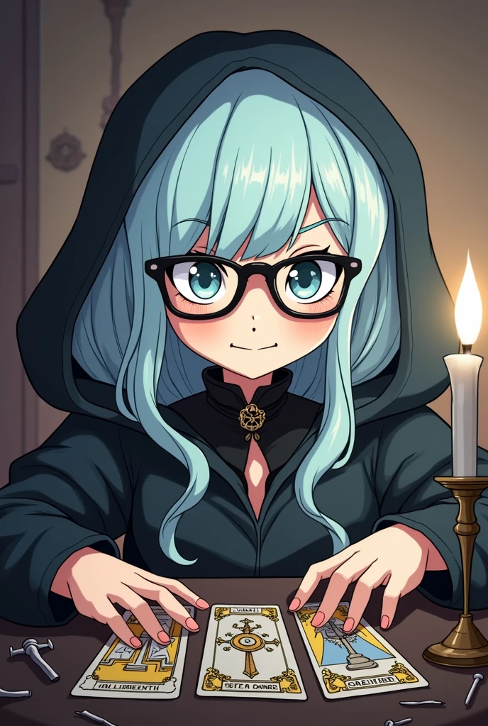 Tarot Cards,fortune teller,Mysterious Room、Black-rimmed glasses,nail,Mysterious smile,Light blue hair、