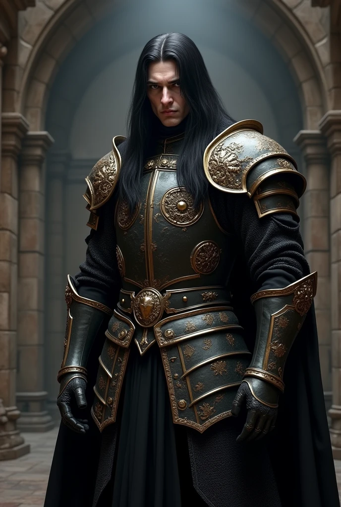 A tall, imposing man with pale skin and finely chiseled, angular features. His long, straight black hair falls elegantly over his shoulders, silky and glossy. He has dark, piercing eyes that exude a cold, calculating presence, framed by defined eyebrows. He wears ostentatious black knight armor, intricately detailed with golden embroidery in ornate Orite patterns. He carries a pair of finely ornamented, high-quality daggers at his side, and a matching large claymore strapped to his back. His demeanor is serious and intimidating, with a quiet and commanding presence that suggests both determination and egoism. The background is a dimly lit, ancient fortress, with shadows highlighting his formidable stature.