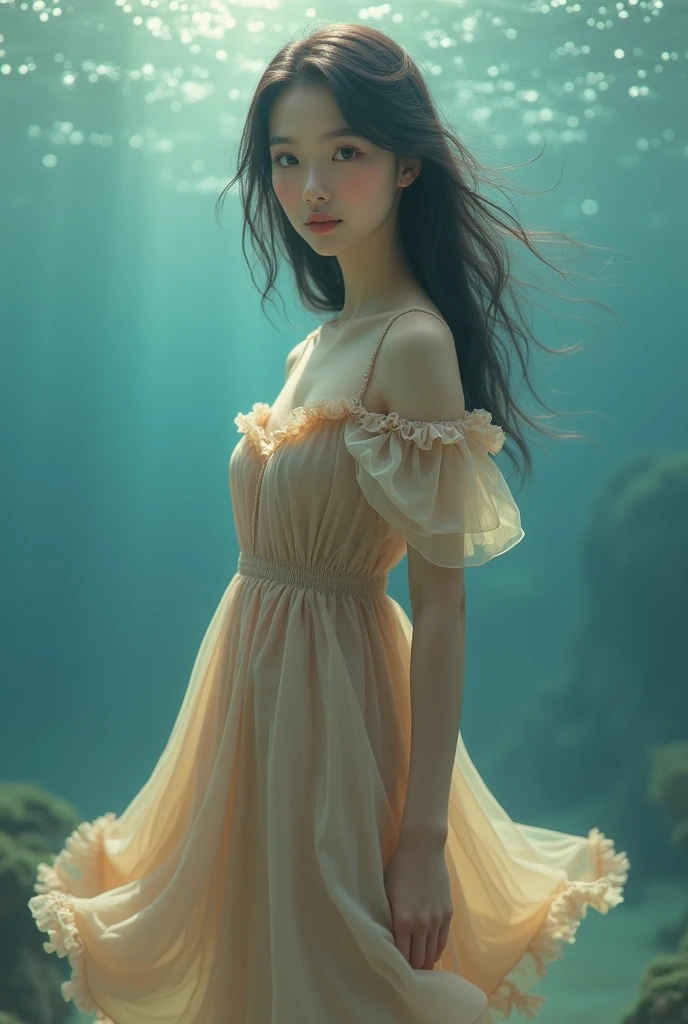 Seaart please generate an image with these features(1. brown hakoba material A line frock with frill at end 2. Sweetheart neck 3.small double sleeves 4. Wearing a girl with round face and medium to fair skin tone) must follow the featurees