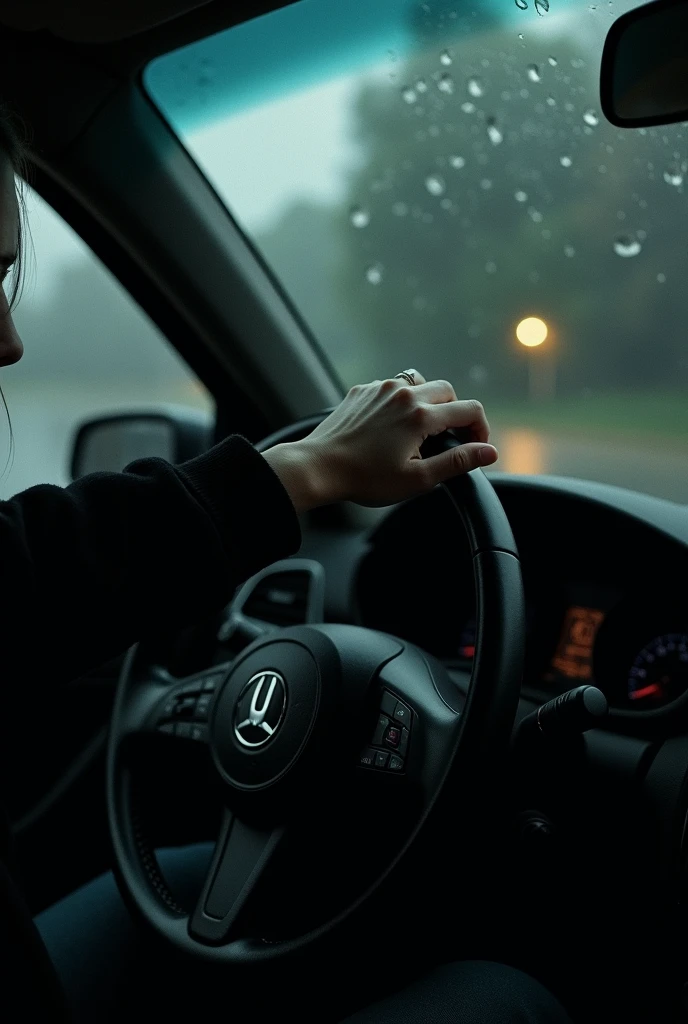 Photo of a girl's arm in a black sweatshirt on the steering wheel of a car, on a rainy night