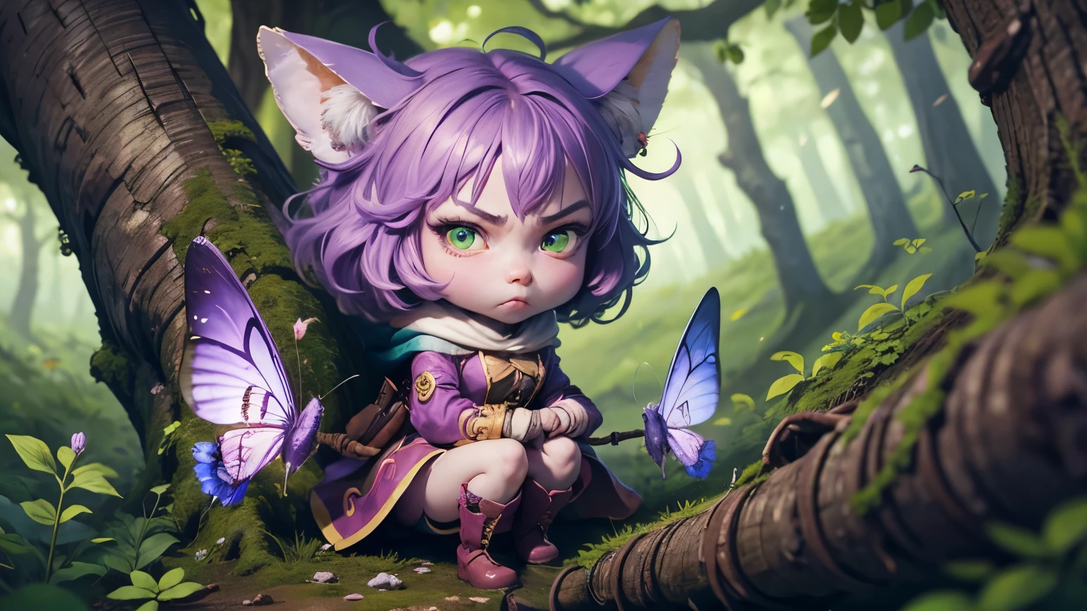 1 girl,powder \(League of Legends\),Extremely small,colored skin,(purple skin:1.2),purple hair,by the wide,(green eyes1.2),has,Red dress,shackles,(pouting expression:1.3),(puffed cheeks),angry eyes,looking at the viewer,in front of the viewer,feel,feel on a log,forest,colorful forest,fairies around,pink particles around,masterpiece,Extremely detailed CG unity 8k wallpaper, Best Quality,32K,sharp focus,