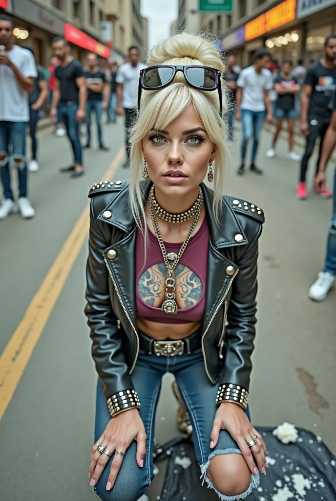 Anglosaxon old milf woman, , blonde platinum hair (beehive bun, black parsley headband), with very light green eyes, extremely pale. Long and thin neck.melt vanilla ice cream on her face, cleavage and lap.Wearing oversized square black maxisunglasses Wearing studded thick cropped black moto jacket (verical zippers on the sides). Black lace push up bra, dark blueskinny, tight low rise jeans (holes in knees). Silver Chelsea boots with cuban heels. Lots of thick wide studded bracelets, chain collars and big rings. Tacky wide studded leather belt, with big skull and bones round buckle. Long earrings with chains. Squatting on a large torm, dirty usa flag, looking at the photographer. Craving heavily. Hands on knees. Waste and trash all over the floor. Her studded leather bag, thron away. Looking at the camera, chin up. Toned abdominals, thin neck, slim legs and thin arms. Neck, chest, belly, hands and arms completely tattoed. Dirt road of Nairobi after the rain, crowded with muscular shirtless men in jeans, street full of puddles and garbage. Her studded black leather bag is a few metres behind her