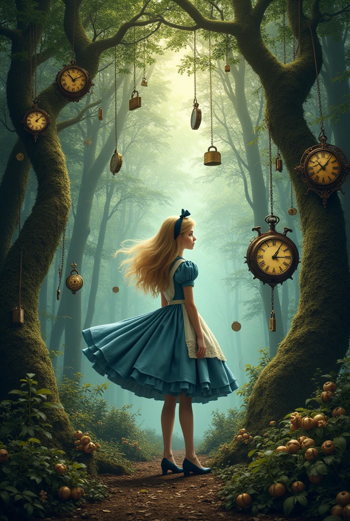 Alice in Wonderland poster with a mysterious style containing clocks, trees, nature, locks