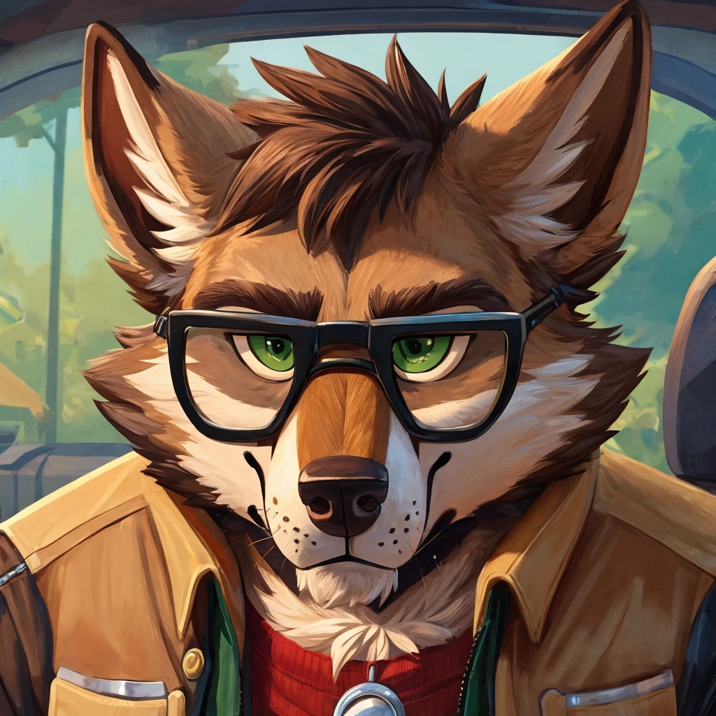 furry art, cartoonish, the coyote race, short hair ,wavy coffee down, The fur on the face of the muzzle is peach-colored., From his nose to his forehead he has a strong brown stripe, He wears an open green jacket and has glasses