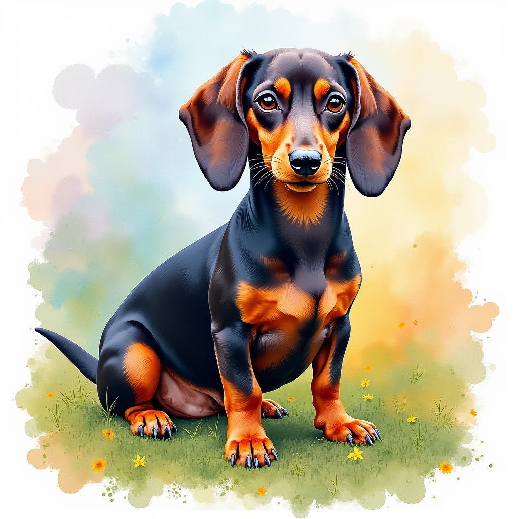 Colorful watercolor painting of dachshund very realistic abstract photographic, very similar to the image tip