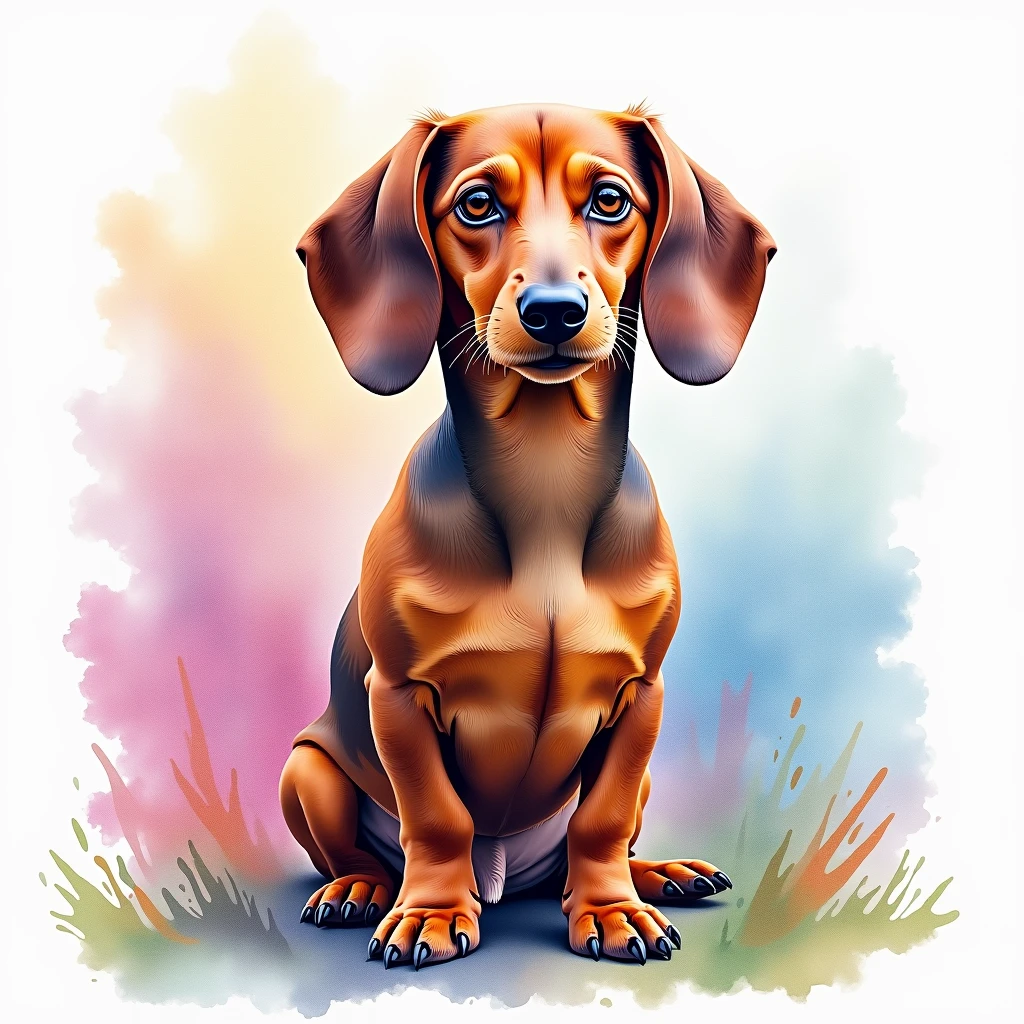 Colorful watercolor painting of dachshund very realistic abstract photographic, very similar to the image tip