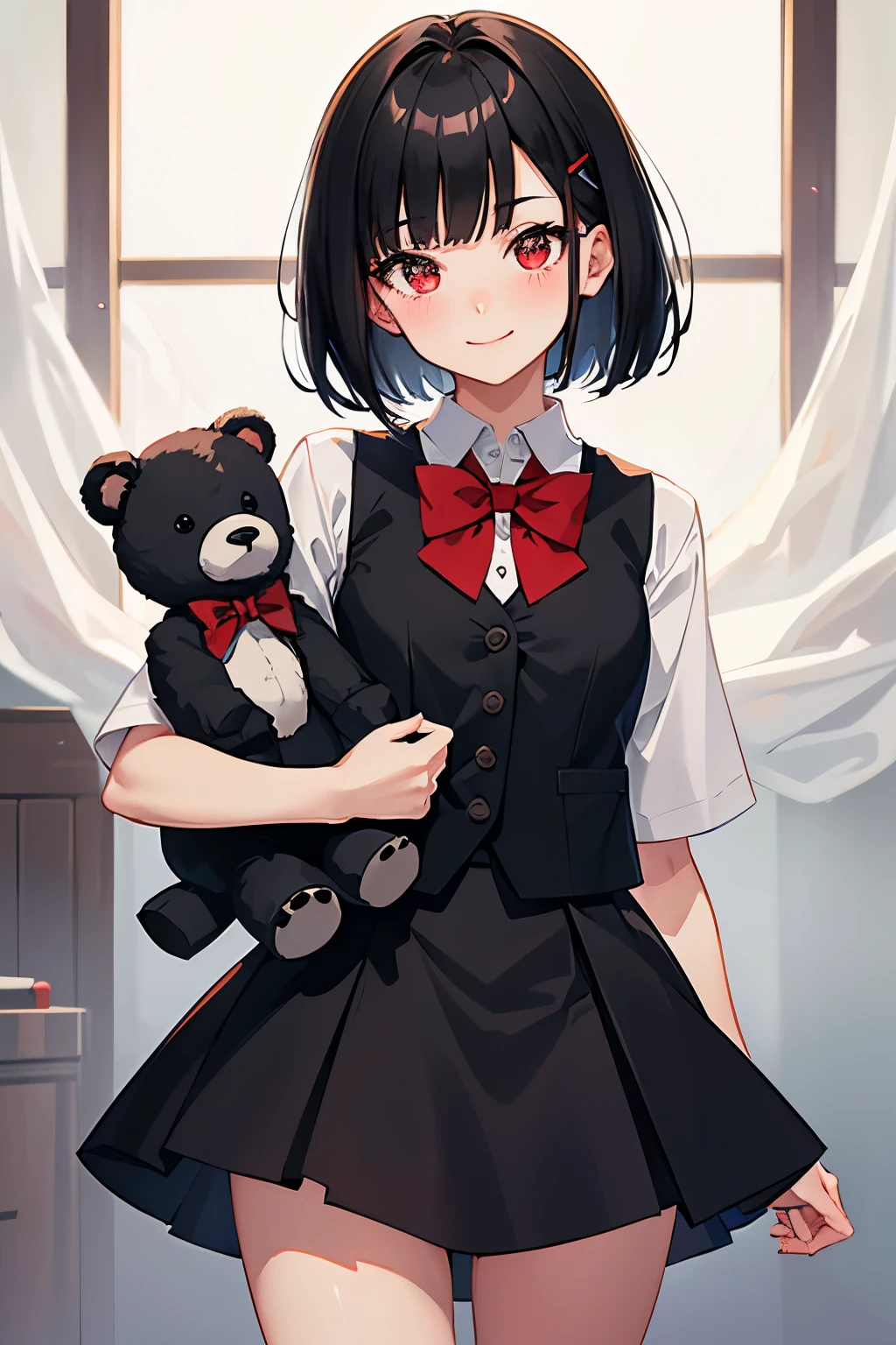 A stunningly beautiful smiling college girl, blushing, short black hair, bob cut, wearing an Japanese school uniform, red eyes, Alice the bully, 18 yo, short black skirt, red bow, (grey vest), holding a fluffy black teddy bear,