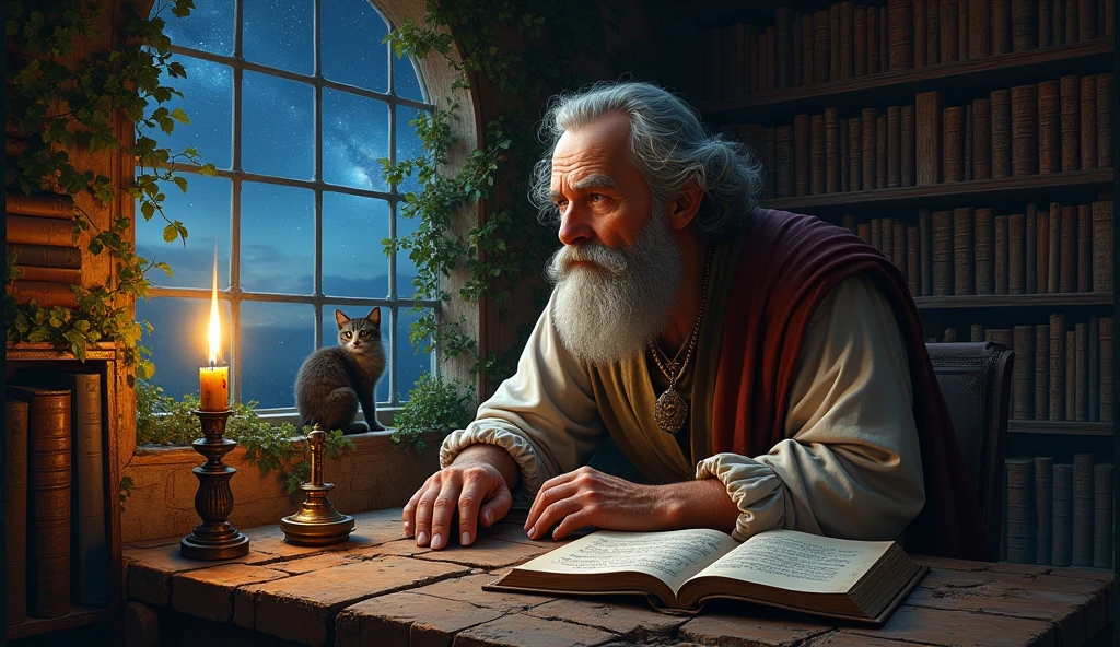 Michel Nostradamus in a temple with a table full of books from his time with a candle and a cat on the table, behind a bookshelf full of books and some plants, and he is looking at the starry sky through the window
