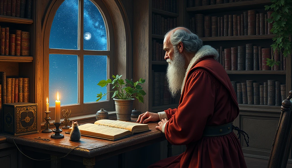 Michel Nostradamus in a temple with a table full of books from his time with a candle and a cat on the table, behind a bookshelf full of books and some plants, and he is looking at the starry sky through the window