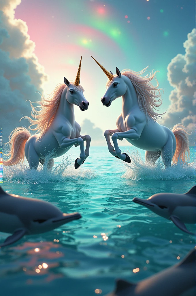 Realistic unicorns with dolphins playing in a colorful place with rainbow