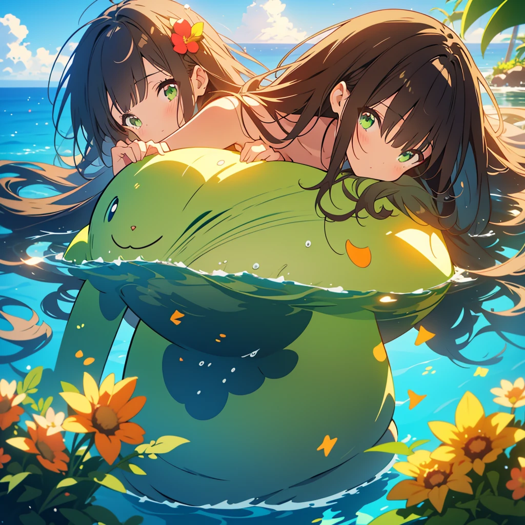kawaii, anime, Cute, hyper quality, highly detailed, 8k, Clarity, Draw facial expressions in detail, Girl with long dark brown hair and green eyes, swimsuit, whole body, Dynamic feeling, underwater, bottom of the sea, ocean floor, light shines in, blisters, Flowers bloom on the ocean floor, fantastic,