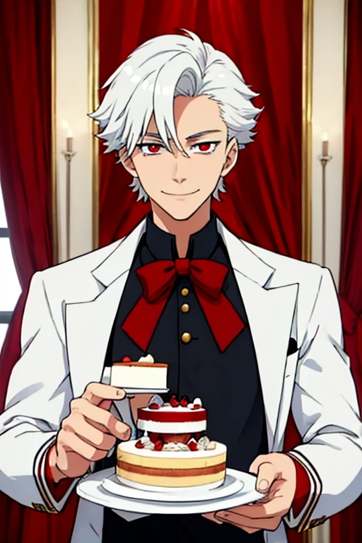 Perfect face. Perfect hands. A young white haired man with red eyes in a butler uniform is serving a slice of cake while smiling in a fancy butler cafe