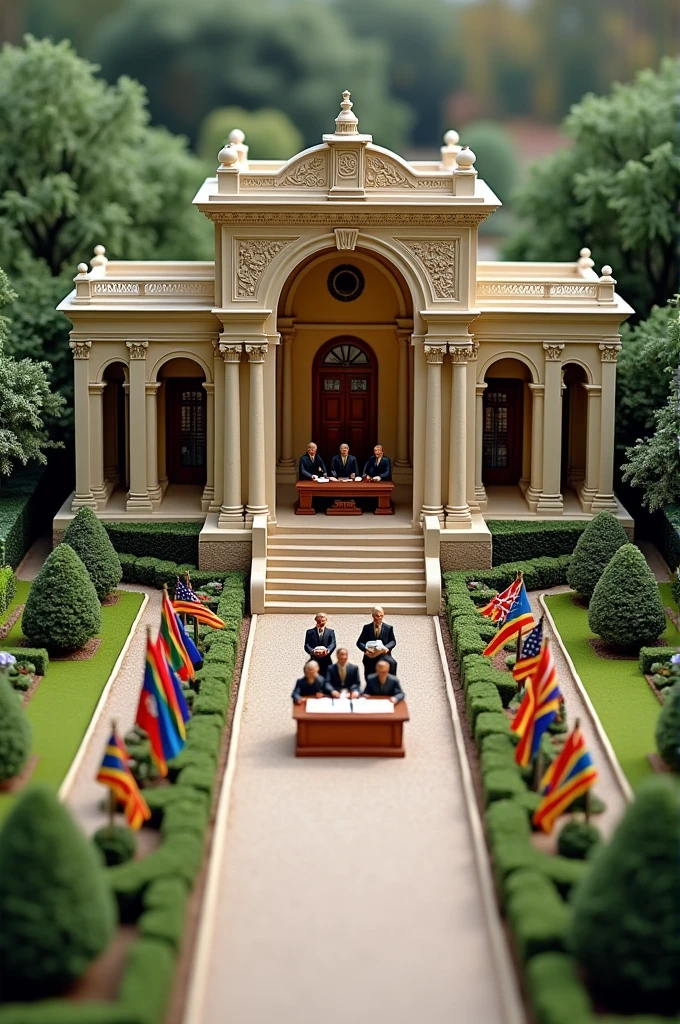 Create a model of a Central American national palace with the scene of the Central American independence act inside it and a garden with Central American flags outside.