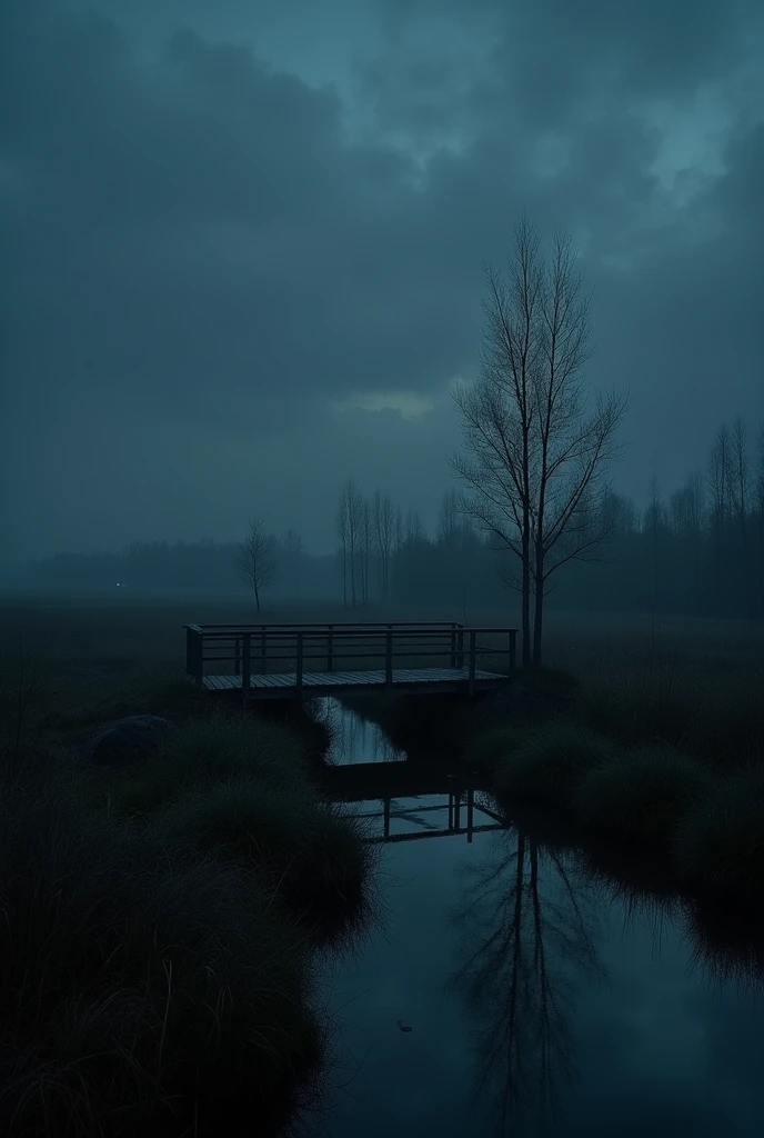 Dark realistic night photos of Ukrainian nature on the plain in gothic style, fewer trees, more bushes and grass, river, across which runs a simple small wooden bridge