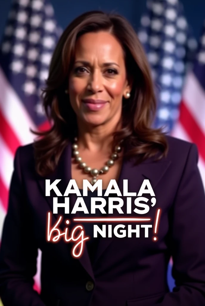 Create a YouTube thumbnail featuring Kamala Harris. Use a high-quality image of Harris, ideally from a significant event where she looks confident and poised. The background should be vibrant and dynamic, possibly with a spotlight effect or subtle patriotic elements like the American flag or red, white, and blue colors.Place the text "Kamala Harris' Big Night!" in bold, eye-catching font that stands out against the background. Consider using a strong sans-serif font or a playful script font that complements the tone of the video. Ensure the text is large and easily readable, even from a distance. Position the text either over her chest or just below her face, making sure it doesn’t obscure her facial expression.Add subtle effects like a glowing outline around Harris or a soft drop shadow to the text to make the elements pop. The overall design should convey excitement and significance, drawing viewers in.