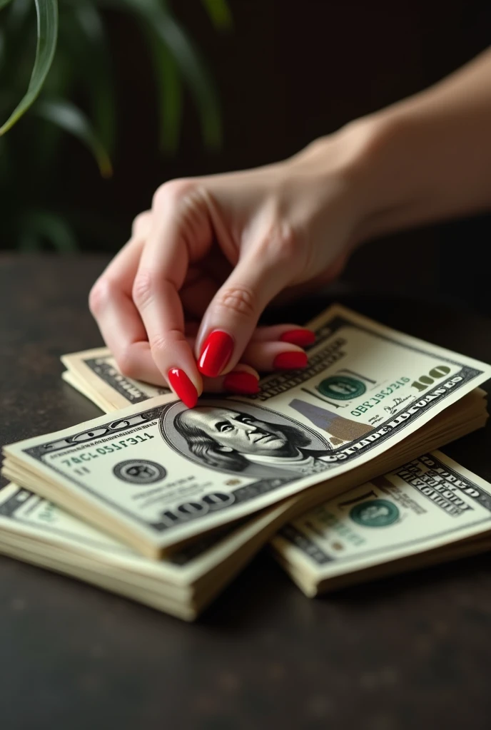 A female hand with red nails touching a stack of dollars with her fingers, 8k, intricate