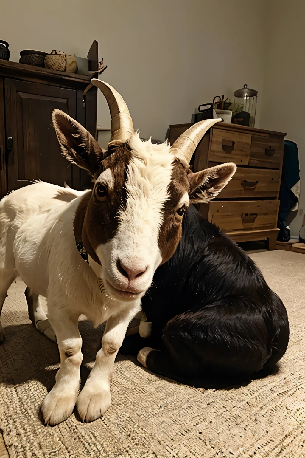 macabre goat standing holding an object  in its hand
