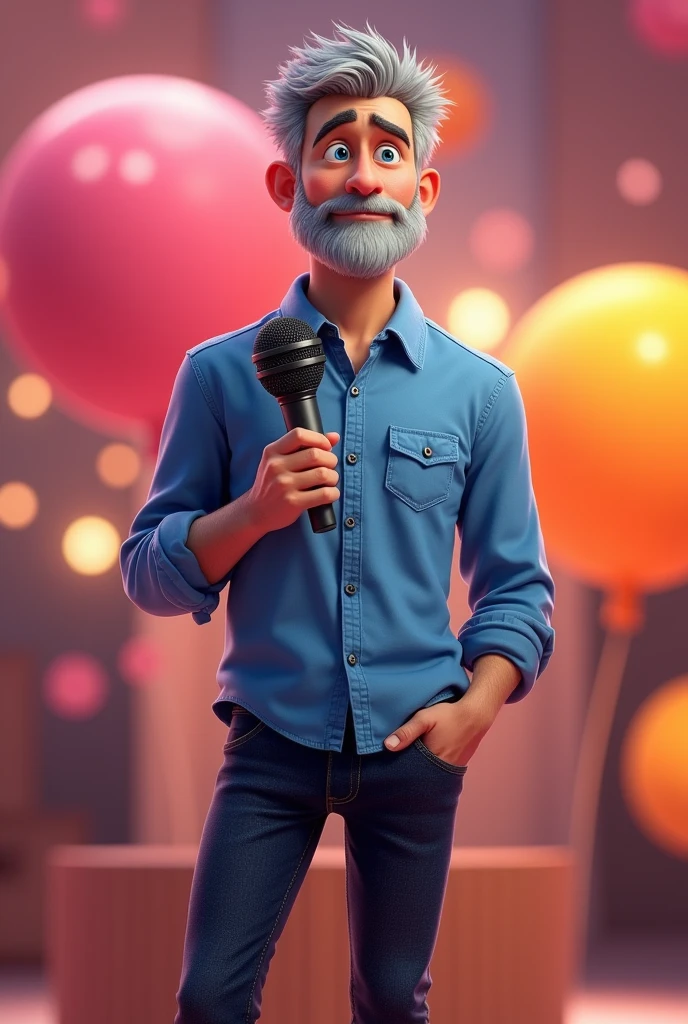 A male character of approximately 30 years old, with short, spiky gray hair and a gray beard, short and well-groomed. Your skin is white, and he has expressive eyes that convey a mixture of wisdom and seriousness. His face has soft and friendly features, with expression lines that suggest seriousness. He is of average height and has a slim physique., weighing about 60 kg. Wearing a casual blue button-down long sleeve shirt , paired with comfortable dark jeans. On the feet, wears simple brown shoes, that complement your relaxed look. The character is holding a microphone,  PNG background All in the vibrant, animated style characteristic of Disney Pixar films, with bright colors and soft shapes.