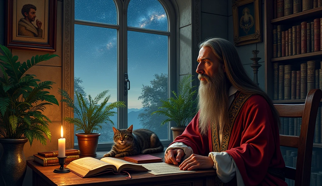 Michel Nostradamus in a temple with a table full of books from his time with a candle and a cat on the table, behind a bookshelf full of books and some plants, and he is looking at the starry sky through the window, his hair is long and straight