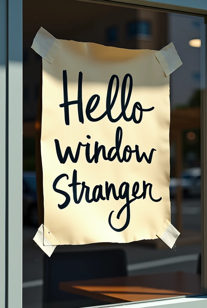 Sign taped to a building window with adhesive tape that says hello window stranger