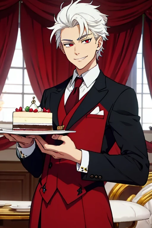 Perfect face. Perfect hands. A young white haired man with red eyes in a butler uniform is serving a slice of cake while smiling in a fancy butler cafe
