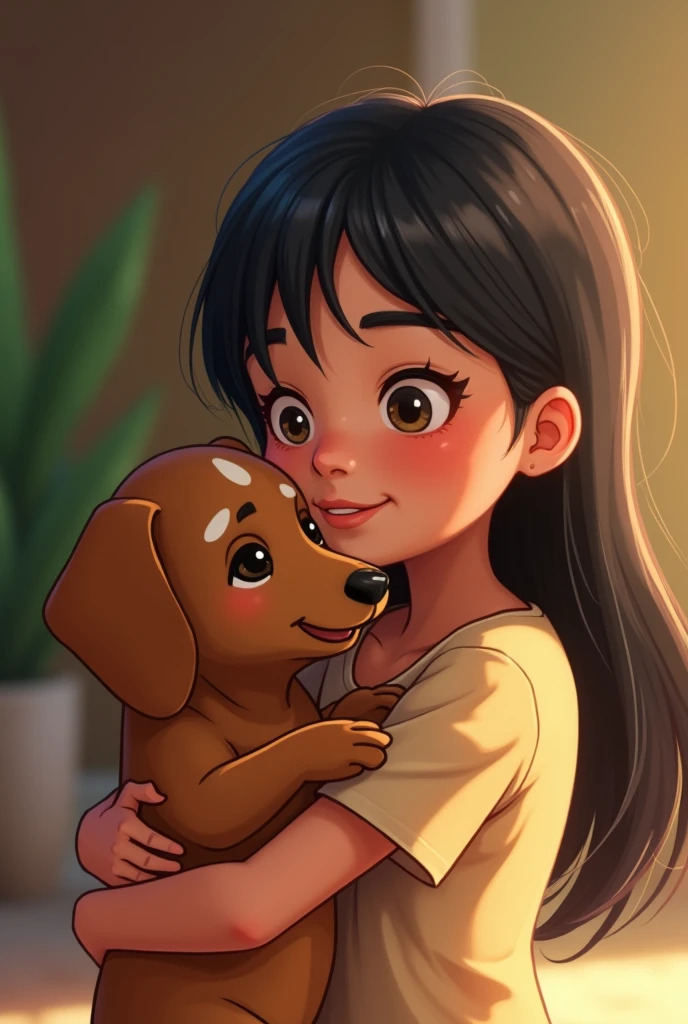 from this platform: "There is a small dachshund that has white spots around the eyes towards the bottom of the mouth, She has a light brown body and a teenager who is hugging her, straight black hair and brunette in Guaranda Ecuador.