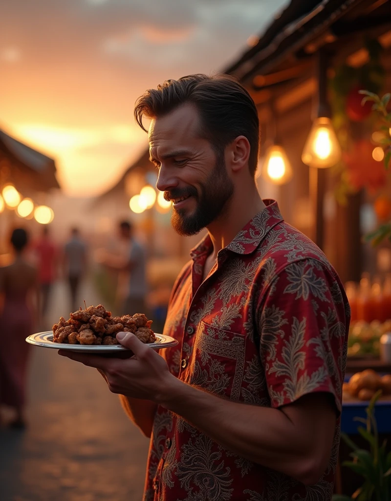 Nice and friendly [Steve Rodgers:Chris Evans:0.1] wears batik, he orders lamb satay at Indonesian street food market place at late afternoon with beautiful sunset