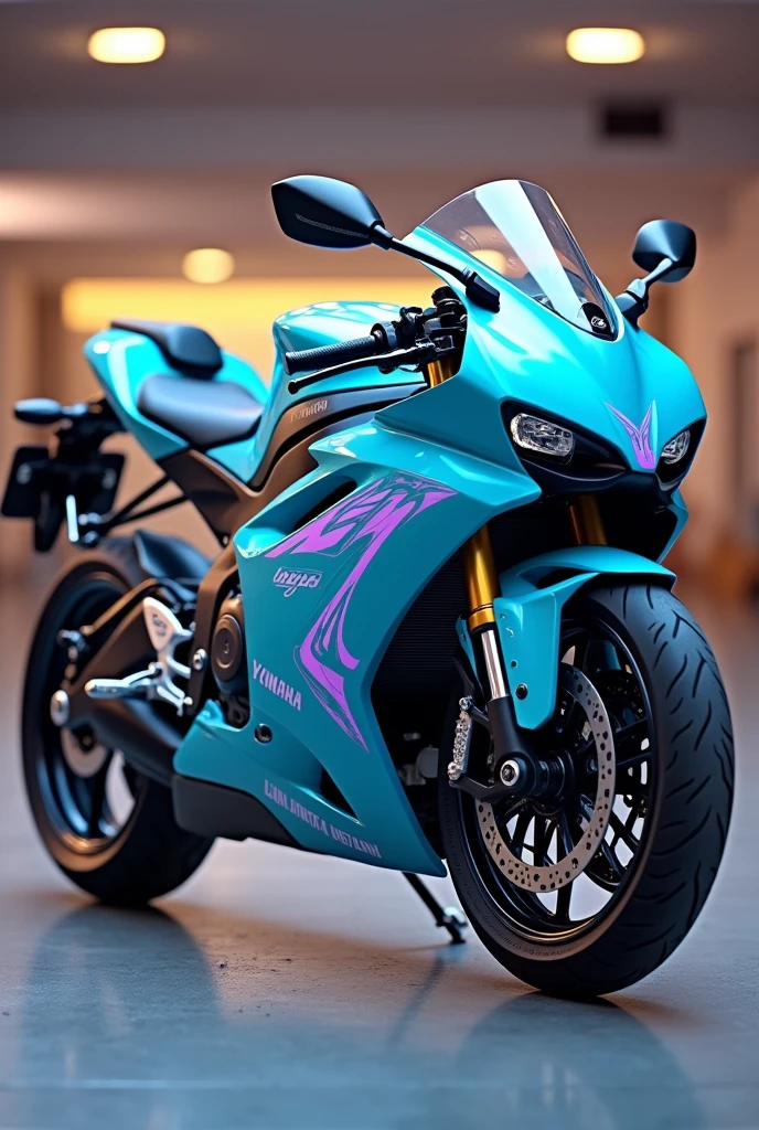 Let's imagine a custom Yamaha lady's motorcycle:
1. Color Principal: Light aquamarine blue , that stands out a lot.
2. Details: Light purple graphics for eye-catching contrast.
3. style: I would keep the design
"underbone" with a modern touch.
4. Finish: holographic, to shine with the light.