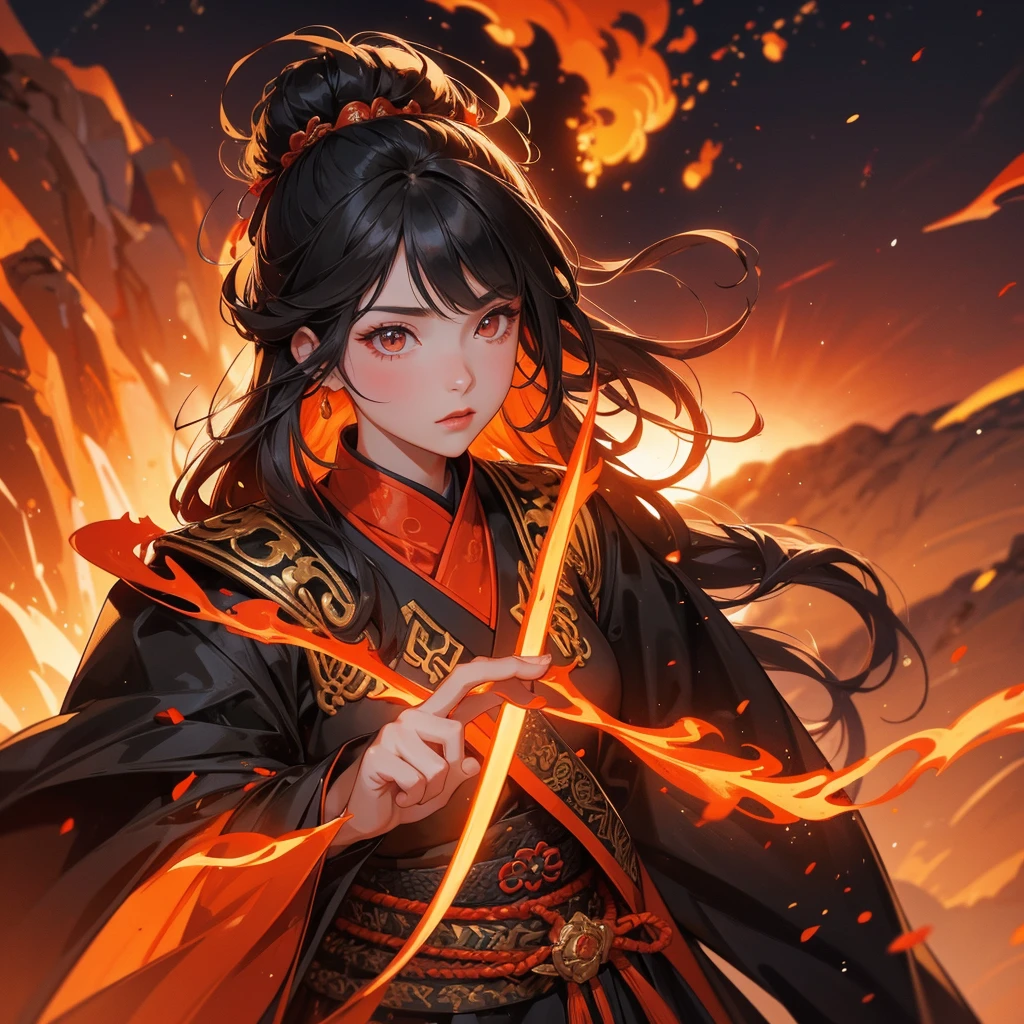 A beautiful female general holding a large spear in black ancient Chinese general costume, Surrounded by a volcano erupting, red and orange, surrounded by volcanic rocks, sunset, close up.
