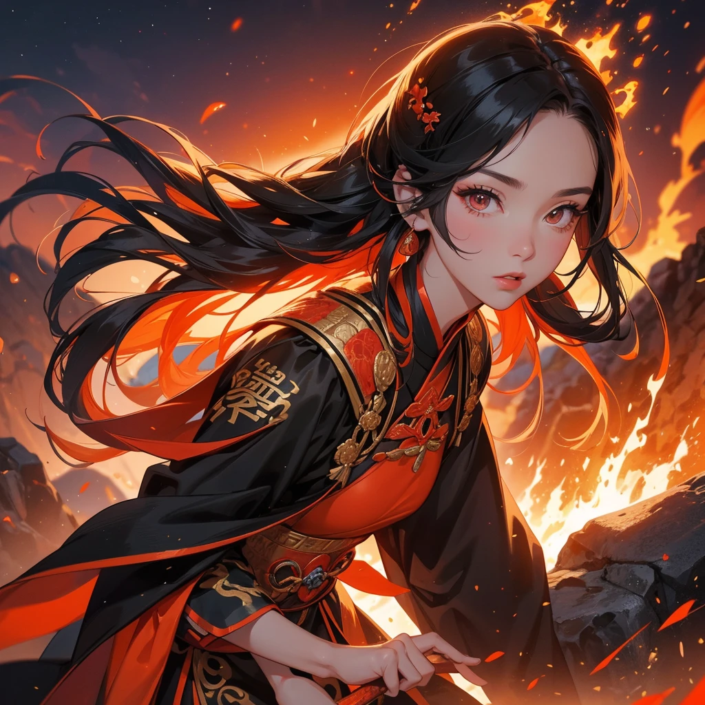 A beautiful female general holding a large spear in black ancient Chinese general costume, Surrounded by a volcano erupting, red and orange, surrounded by volcanic rocks, sunset, close up.