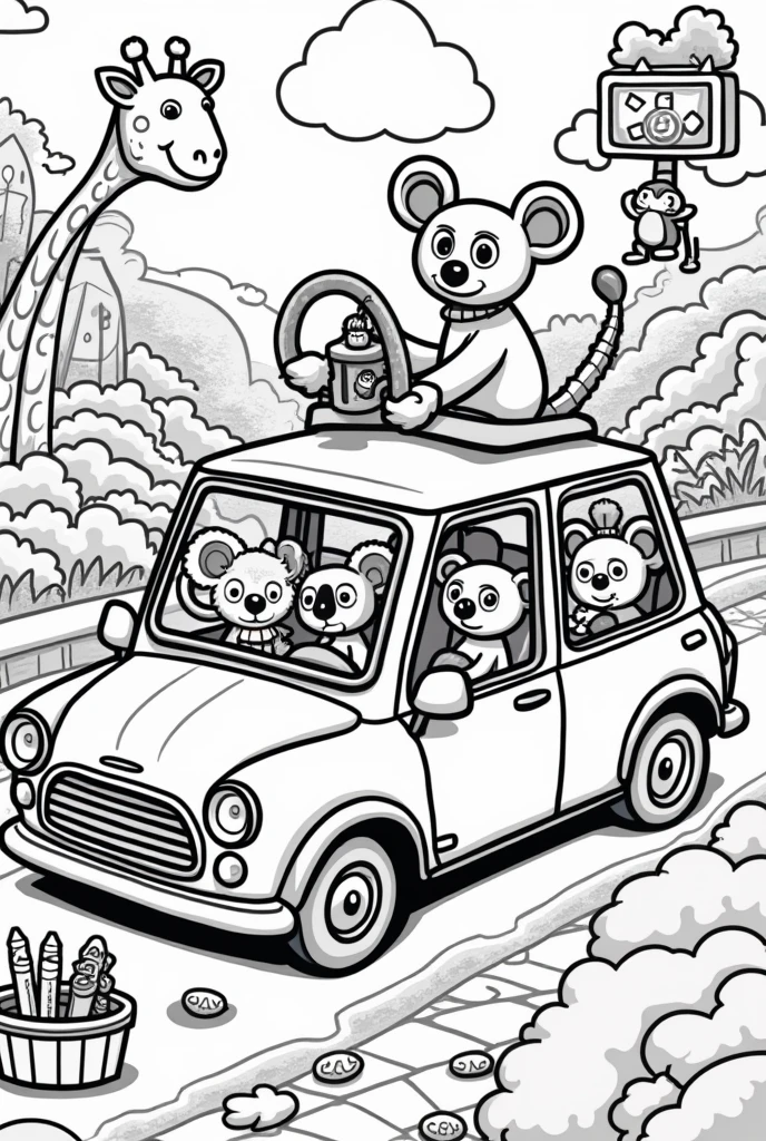 Animals inside cars for kids to color