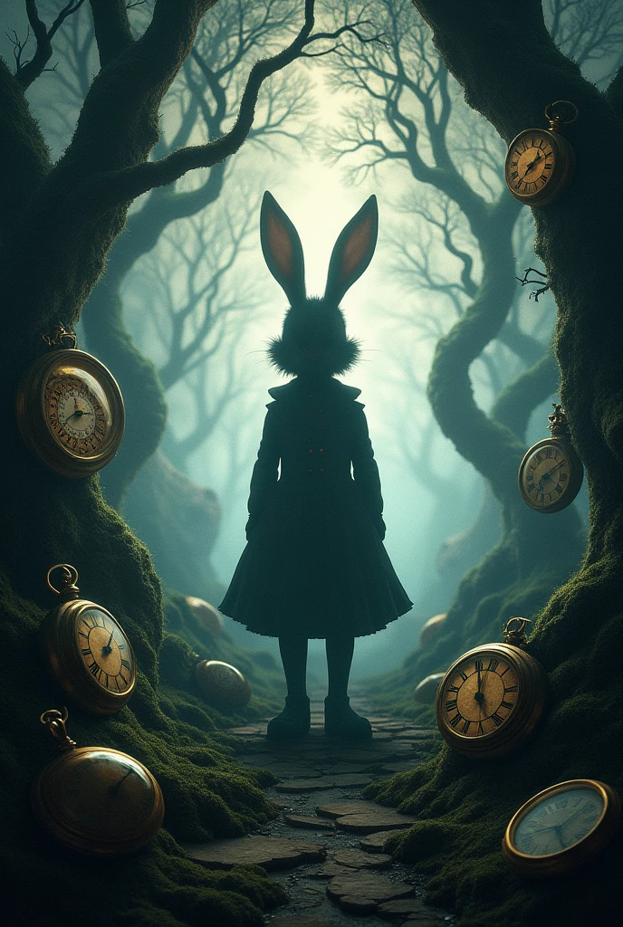 Alice in Wonderland poster with a mysterious style containing clocks, trees, nature, locks, shadow rabbit
