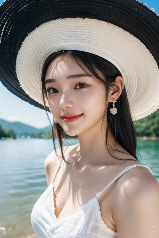 (22 year old Japanese beautiful girl,), (Small breasts:1.5,),(solo,Textured skin, Detailed skin,Detailed face,Detailed eyes,detailed posing,Natural eyebrows,High detail, Highest quality, Super detailed, Surrealism, ,8k,RAW Photos,Photographicism,Professional Lighting,Ray Tracing,Aperture F1.2,Portrait Photography,Natural Light),(((Black Hair, Natural Makeup,Simple earrings,Medium Hair, smile,White dress,white big hat))),(((A resort near a highland lake,Clear blue water)))
