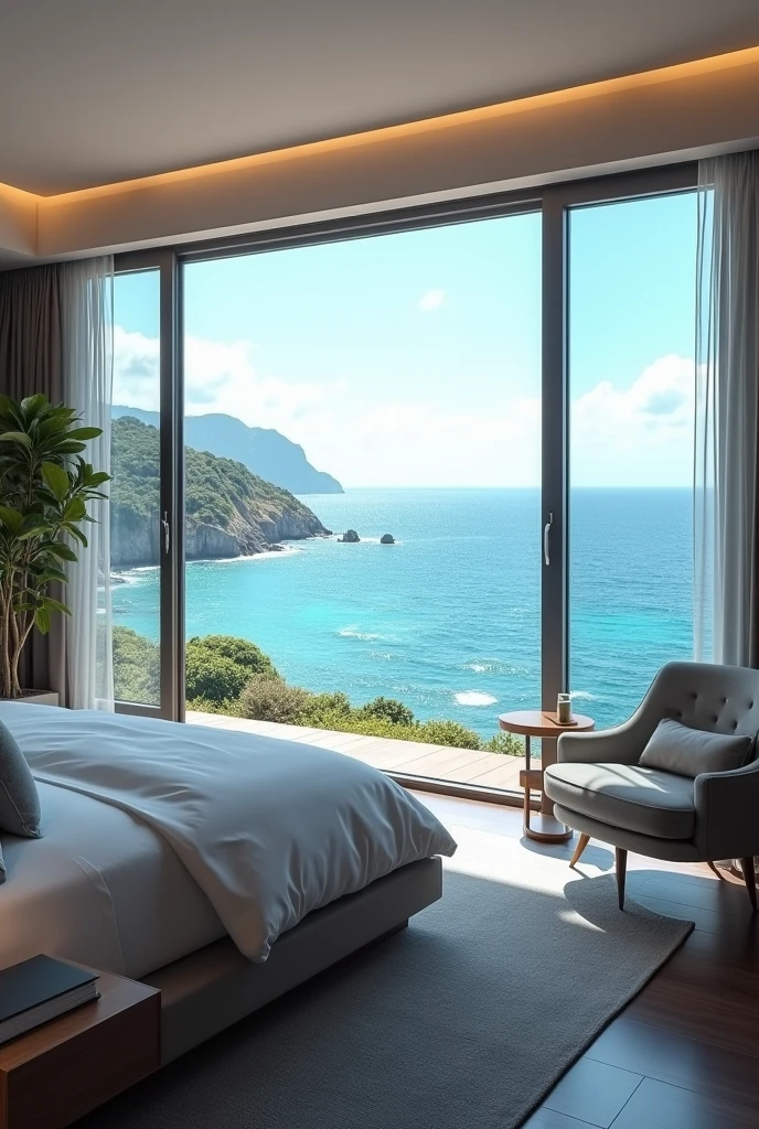 Create a hotel room with sea scape