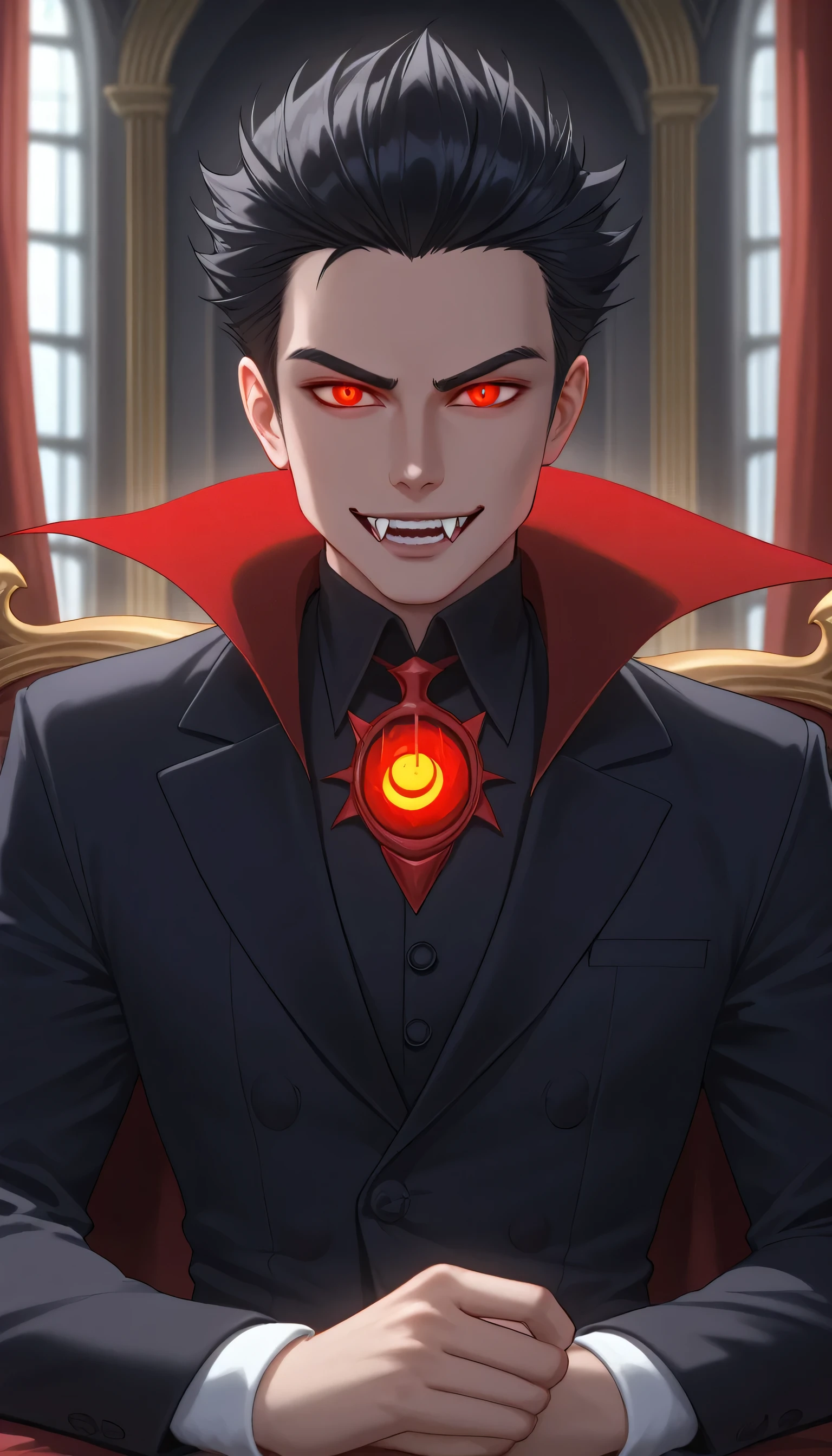 dark, moonlight, night vibes, (((1man, man, solo, comma haircut))), (red eyes, beautiful detailed eyes, glowing eyes, (predator pulils)), vampire, vampire fangs, fangs, vampire aura, solo, looking at viewer, black hair, in castle, black suit, red cloak, sitting, sitting on thorne, upper body, cowboy shot 