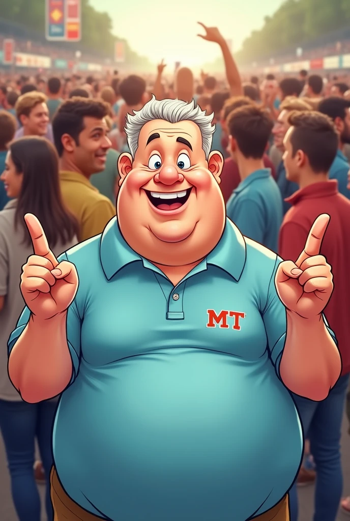 Cartoon de Um homem, looking 50 years old, 80 kilos, in a light blue polo shirt, on the shirt it says MT, The man is in the middle of a crowd, lifting just one finger on each hand.