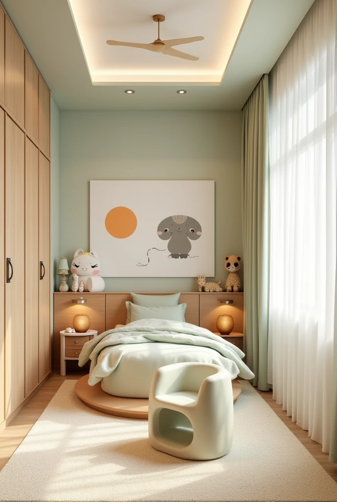 Professional 3d architecture rendering design of modern and light moss and so light Thunder and light cream and light orange wooden Modern and minimal design for chid bedroom and light cream carpet with animals painting and white painting wall and light wooden closet with animals painting and modern ceiling lighting and modern curtains for chid room and the child bed similar globe and safety chair for chid and many toys