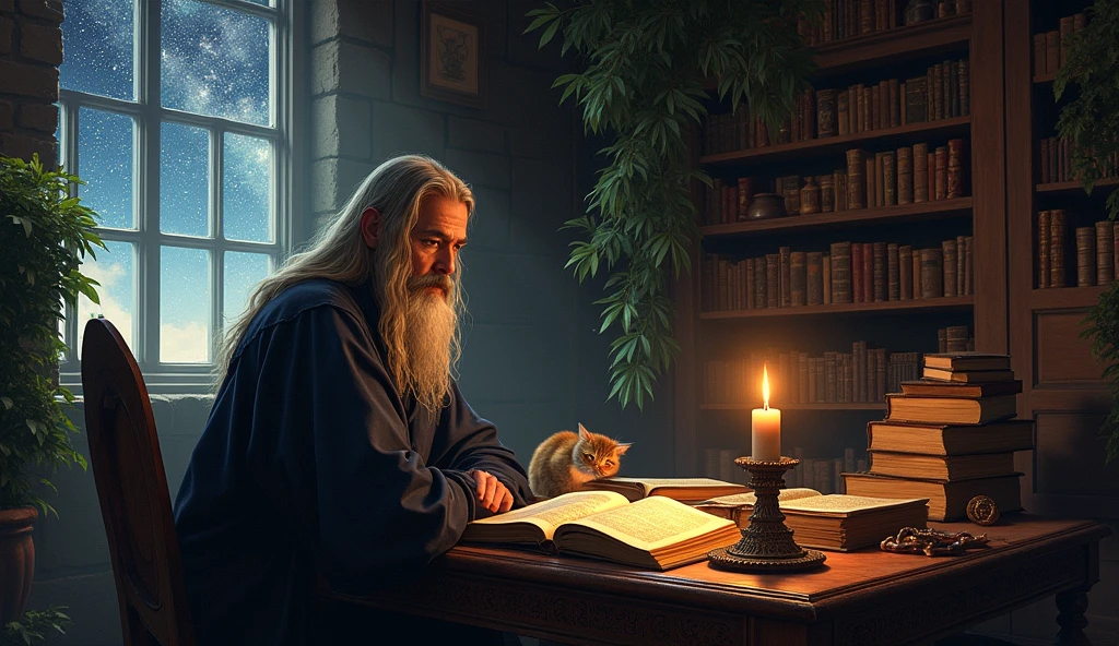 Michel Nostradamus in a temple with a table full of books from his time with a candle and a cat on the table, behind a bookshelf full of books and some plants, and he is looking at the starry sky through the window, his hair is long and straight