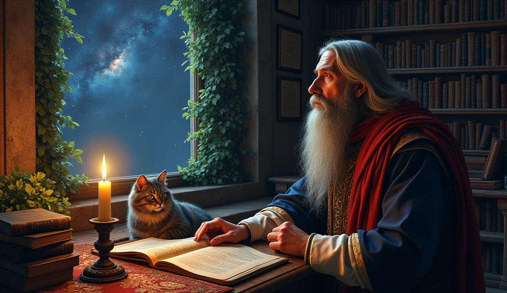 Michel Nostradamus in a temple with a table full of books from his time with a candle and a cat on the table, behind a bookshelf full of books and some plants, and he is looking at the starry sky through the window, his hair is long and straight