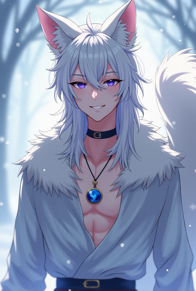 Boy between  and 20 years old with long straight hair, ears, White fox tail and fur with blue heterochromia in the right eye and violet in the left eye, with good physique but handsome and masculine with a seductive smile with a black necklace with a 5 cm translucent blue round crystal pendant attached to the necklace, con copos ❄ al estilo anime